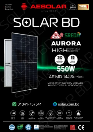 AE SOLAR 550W MD-144 Series N-Type Bifacial Solar Panel, high-efficiency 21.6%, durable and lead-free solar module for rooftop and solar farm installations