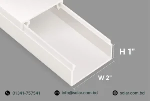 White PVC Electric Cable Casing size 2 inch width by 1 inch height, 72 inch length, for office and home wiring management in Bangladesh."