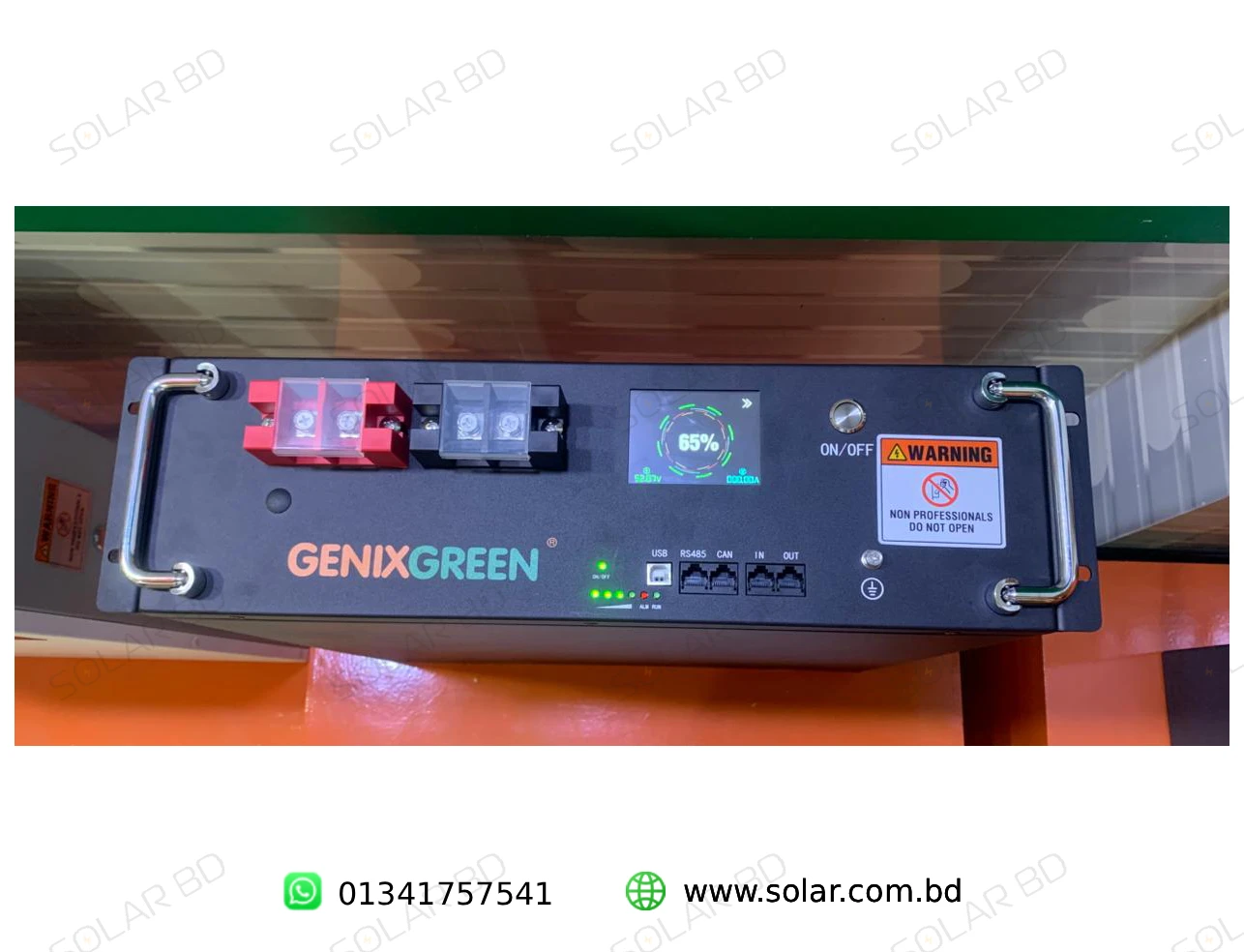 GENIXGREEN 51.2V 100A 5.12kWh LiFePO4 Battery fontSide View with LCD Display and Ports