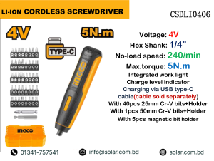 INGCO cordless screwdriver, INGCO screwdriver price in Bangladesh, cordless screwdriver Bangladesh, 4V cordless screwdriver, USB rechargeable screwdriver, lithium ion screwdriver, mini electric screwdriver, electric screwdriver price bd, cordless screw driver bd, INGCO CSDLI0406, INGCO 4V screwdriver, portable screwdriver machine, handheld electric screwdriver, battery screwdriver bd, USB type C screwdriver, small screwdriver machine, best cordless screwdriver Bangladesh, electric screwdriver for home use, screwdriver machine price in bd, INGCO tools bd, INGCO power tools, cordless tools Bangladesh, electric tools bd, solar installer tools, electrician tools Bangladesh, home repair tools, DIY tools Bangladesh, mini power tools, portable electric tools, solar installation tools, solar technician tools, solar panel fitting tools, DC tools for solar, USB rechargeable tools, low power electric tools, off grid tools Bangladesh, solar compatible tools, buy INGCO cordless screwdriver in Bangladesh, best cordless screwdriver price in bd, original INGCO screwdriver bd, INGCO screwdriver online bd, cordless screwdriver for electrician, cordless screwdriver for solar installer, electric screwdriver Bangladesh, screwdriver price in Bangladesh, cordless screwdriver price bd, battery screwdriver price bd, INGCO electric screwdriver, INGCO screwdriver CSDLI0406