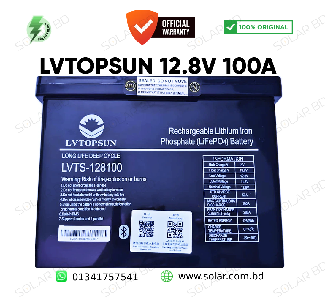 Premium LVTOPSUN 12.8V 100Ah LiFePO4 Solar Battery with Smart BMS, 6000+ Cycles, Bangladesh