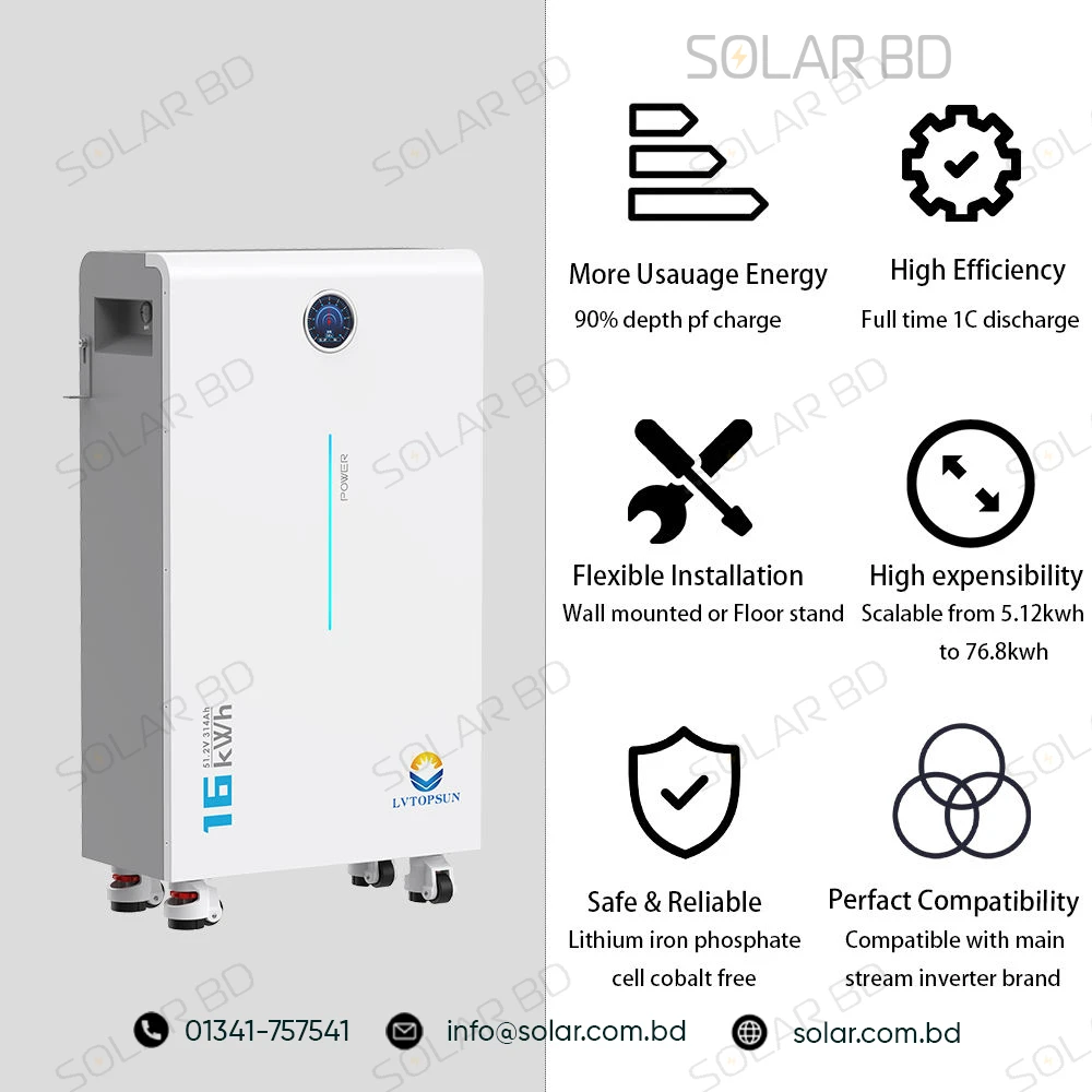 Side view of LVTOPSUN G4 LiFePO4 16kWh solar energy storage battery IP65 rated