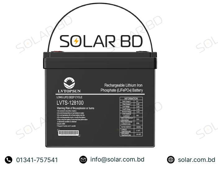 Lvtopsun 12.8V Lithium-Ion Energy Storage Battery – front view, compact design for solar and home energy systems, gray casing with brand logo visible."