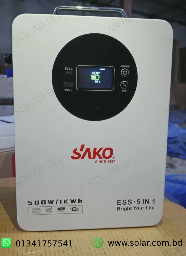 SAKO ESS 500W Portable Solar Power Station Front View, SAKO ESS 5 IN 1 500W 1KWh Portable Solar Power Station Front Side with LCD Display, SAKO 500W Solar Generator Front Design, Portable Backup Power Station SAKO Front Panel, SAKO ESS 500W Power Station with Screen and USB Ports, SAKO 1KWh Battery Backup Front Image, SAKO Portable Solar Power Station White Front View, SAKO ESS 5 IN 1 Front Body Design, 500W Portable Energy Storage System Front Side, SAKO Smart Power Station Front Display Image