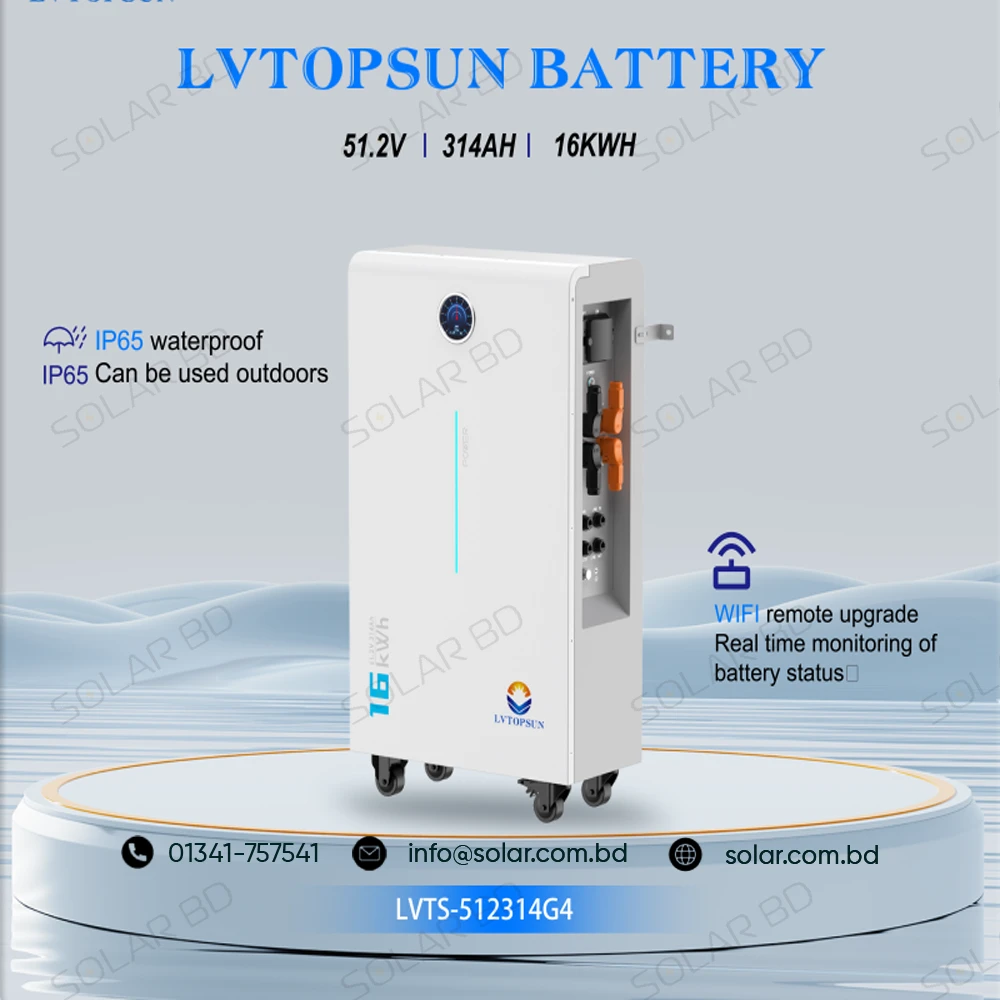 Side view of LVTOPSUN G4 LiFePO4 16kWh solar energy storage battery IP65 rated