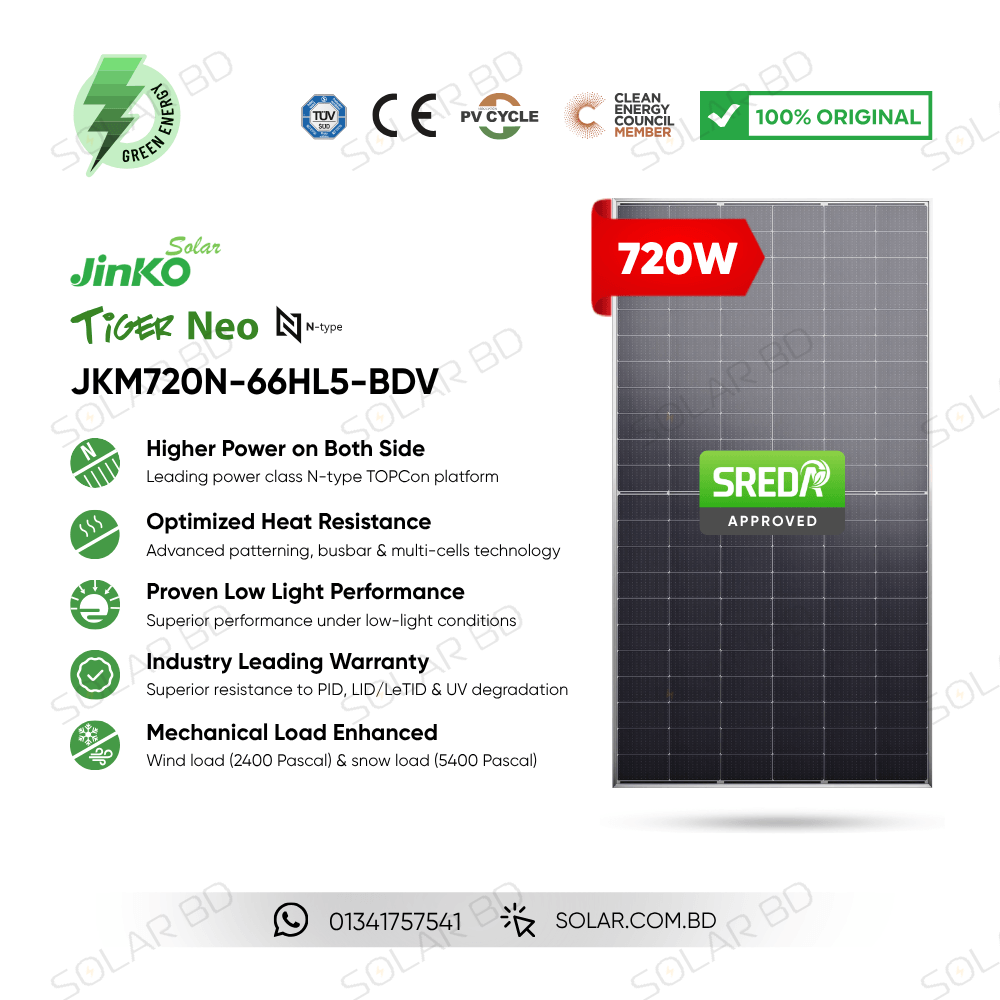 Jinko 720W Tiger Neo JKM720N-66HL5-BDV Bifacial Solar Panel - SOLAR BD