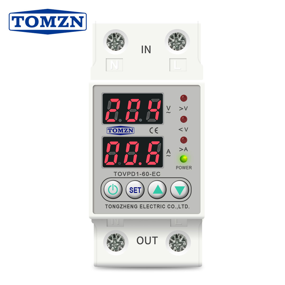 TOMZN 230V Din Rail Voltage Protector Relay 60A Front View