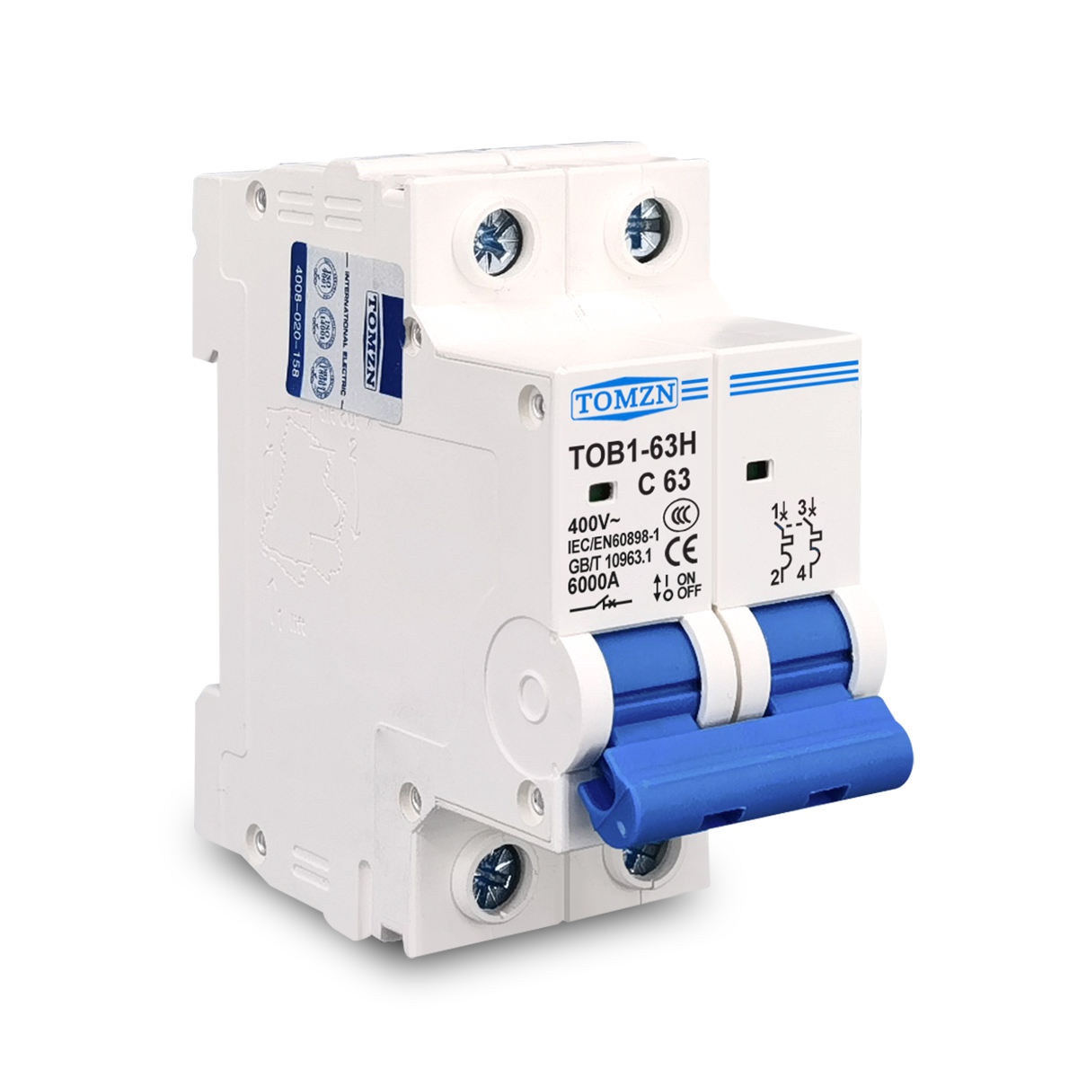 TOMZN 2P AC MCB TOB1-63H Angle View