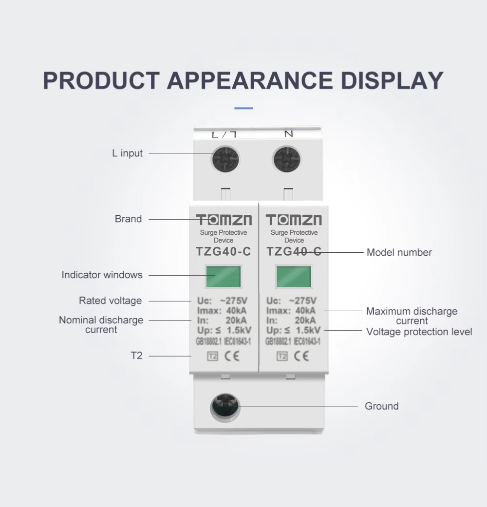 TOMZN 2P AC SPD 275V Surge Protector 20kA–40kA Appearance