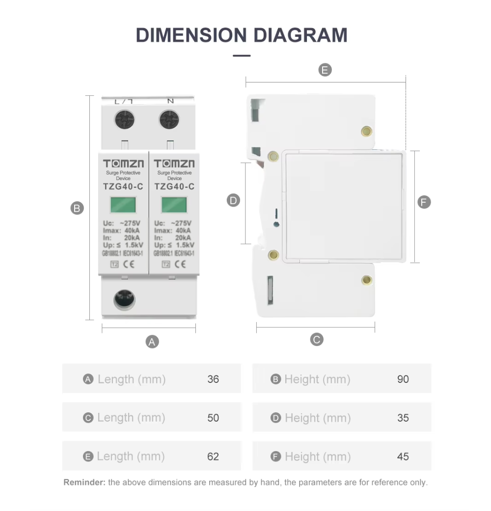 TOMZN 2P AC SPD 275V Surge Protector 20kA–40kA Dimension