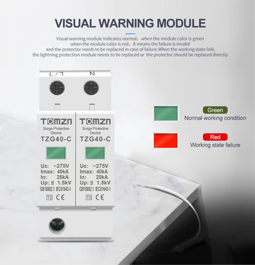 TOMZN 2P AC SPD 275V Surge Protector 20kA–40kA Waring