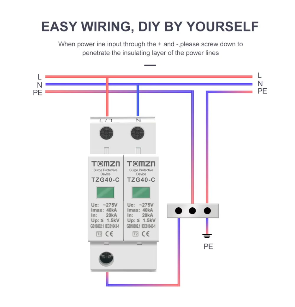 TOMZN 2P AC SPD 275V Surge Protector 20kA–40kA Wiring
