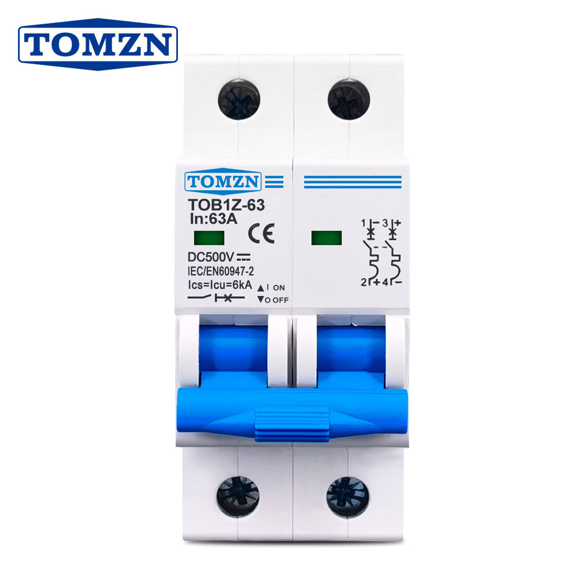 TOMZN 2P DC Solar PV MCB TOB1Z-63 500V 6kA Mini Circuit Breaker Front View